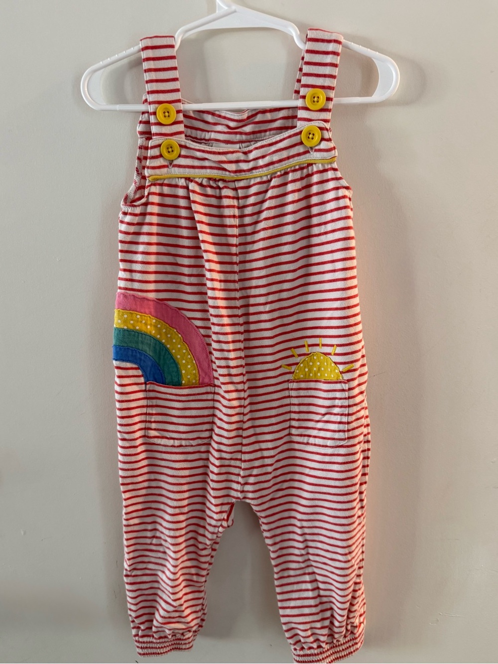 Mini Boden Red & White Striped Overalls with Rainbow & Sun Appliqués